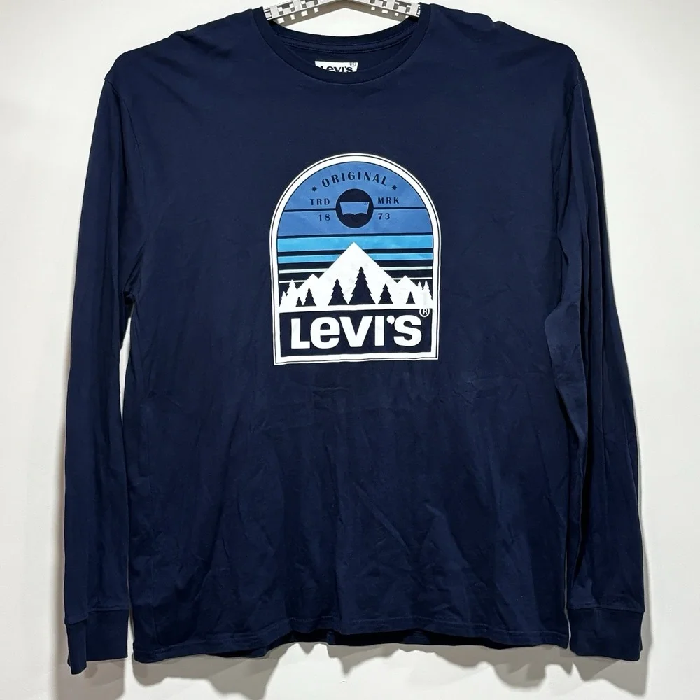 Levi's Graphic Crew Neck T-Shirt Mens XXL‎ Blue Long Sleeve Cotton Casual Tee